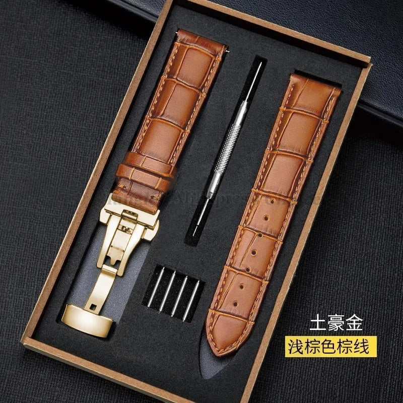 Universal Genuine Leather Watch Band 12–24mm with Butterfly Clasp – Premium Strap for Men & Women (Gift Box Included)