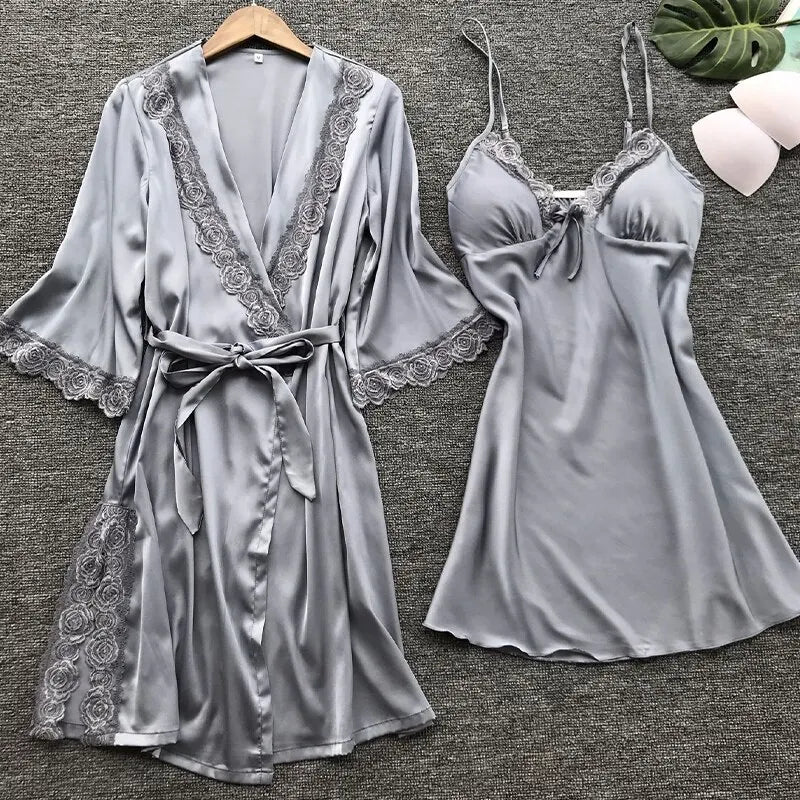 2PCS Satin Lace Pajamas Set - Elegant Female Sleepwear with V-Neck Lace Robe for Wedding Nightwear