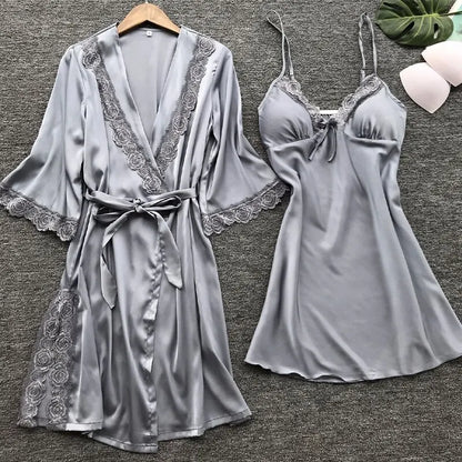 2PCS Satin Lace Pajamas Set - Elegant Female Sleepwear with V-Neck Lace Robe for Wedding Nightwear