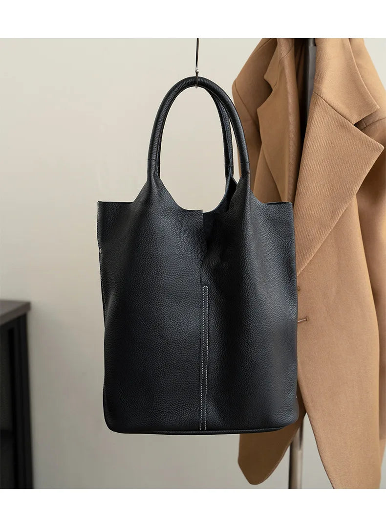 Genuine Leather Women’s Commuter Tote Bag — Soft Cowhide Shoulder Handbag, Large Capacity Bucket Bag, 2025 New