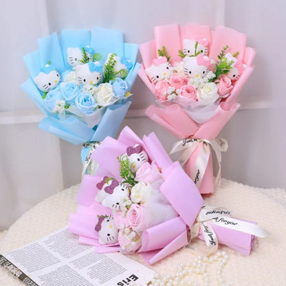 Kawaii Hello Kitty Cat Dolls with Artificial Flowers – Creative Sanrio Bouquet for Christmas, Valentine’s & Birthday Graduation Gifts