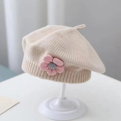 Flower Baby Beret Hat – Winter Warm Knitted Beanie for Infant & Toddler Girls, Korean Princess Artist Painter Cap Solid Color