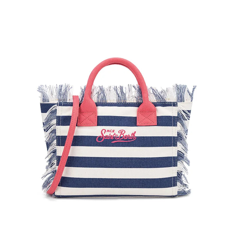SAINT BARTH Houndstooth Crossbody Bag – Small Cotton Linen Handmade Tote with Tassels for Women