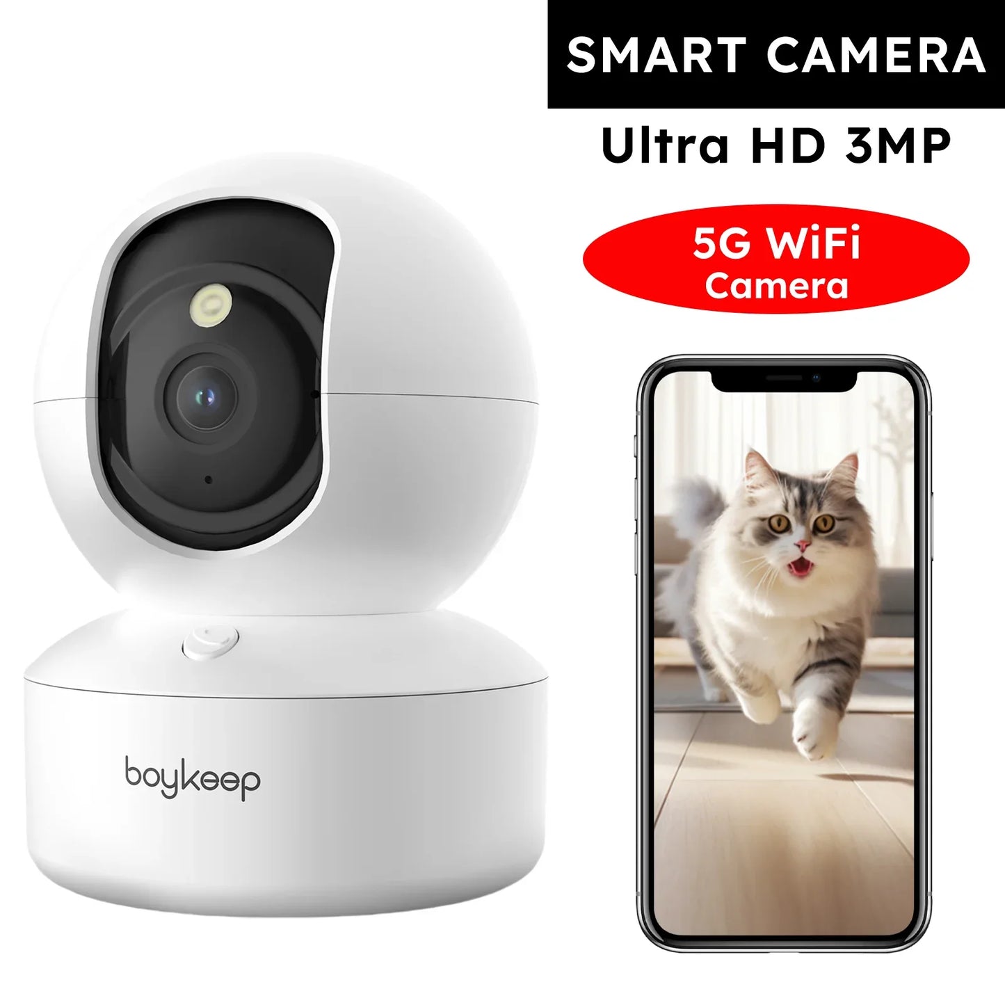 Boykeep 2K Pet & Baby Security Camera – 360° Pan/Tilt WiFi Indoor Camera with 5G/2.4GHz, Two-Way Audio & Night Vision
