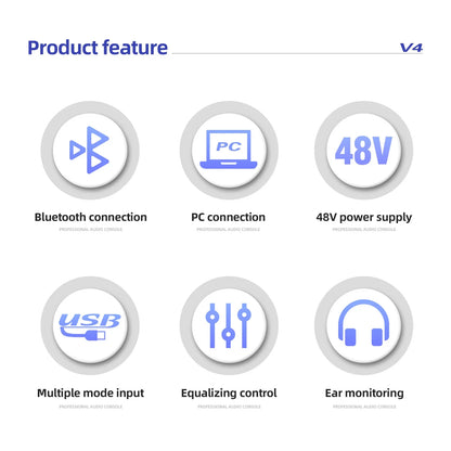 V4 4-Channel Audio Interface Mixer — USB & Bluetooth with 48V Phantom Power, Effects & Recording