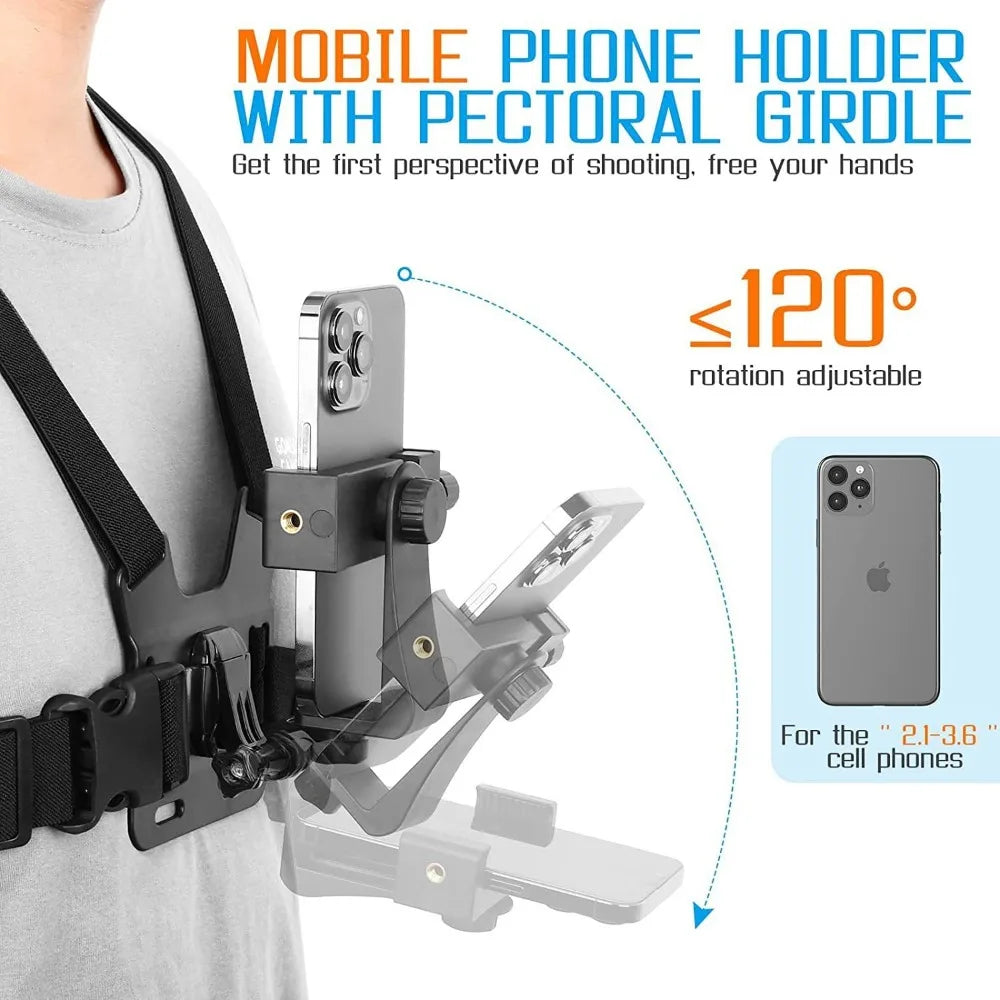 First-Person Adjustable Chest Strap Mount – Action Camera & Mobile Phone Holder for Cycling, Skiing, Outdoor Recording