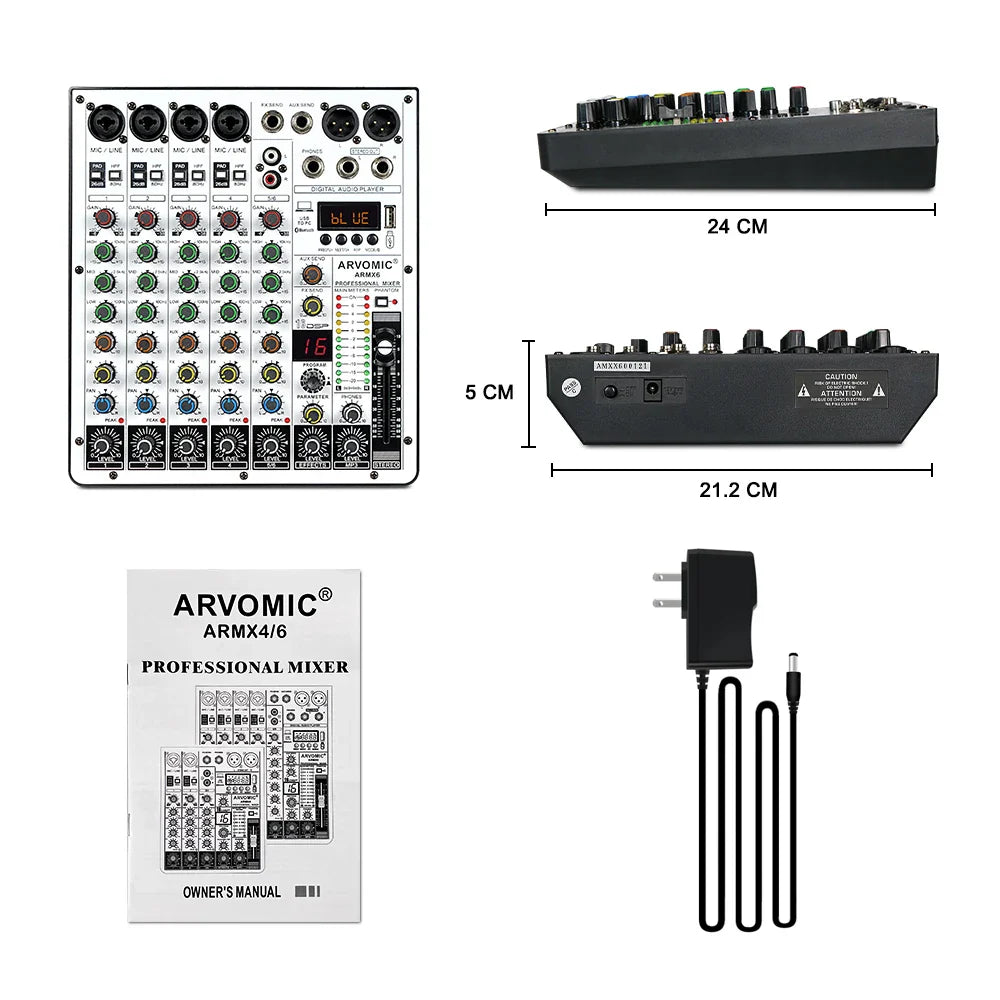 ARVOMIC 6 Channel DJ Audio Mixer – USB Interface, Bluetooth, 16 DSP Effects, 3-Band EQ (ARMX-6)