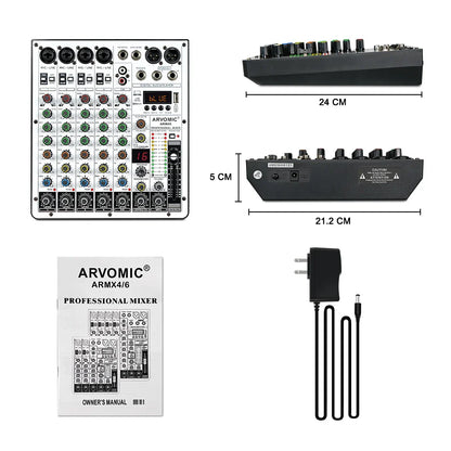 ARVOMIC 6 Channel DJ Audio Mixer – USB Interface, Bluetooth, 16 DSP Effects, 3-Band EQ (ARMX-6)