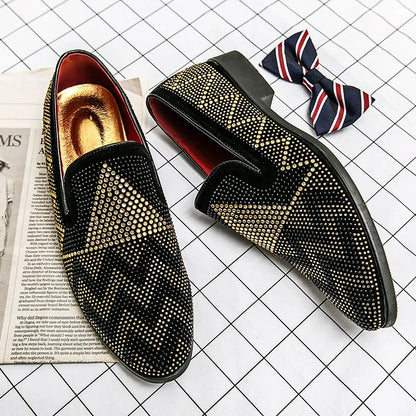Men's Pointed Toe Embroidered Dress Shoes - Rhinestone Flat Wedding, Prom & Formal Shoes