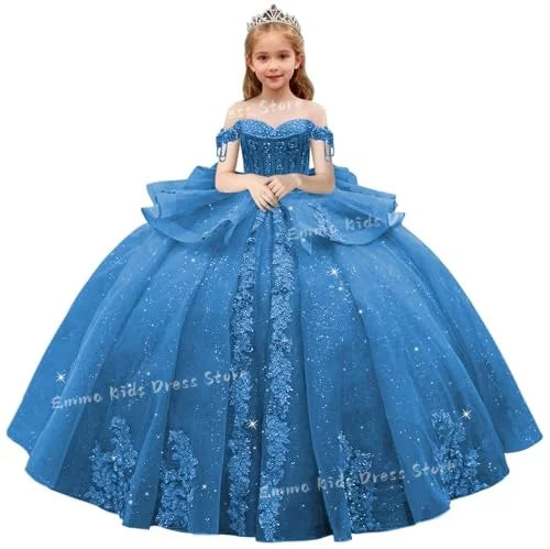Lace Flower Girl Dress - 3D Floral Appliqué, Beading & Long Bow Ball Gown