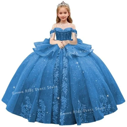Lace Flower Girl Dress - 3D Floral Appliqué, Beading & Long Bow Ball Gown