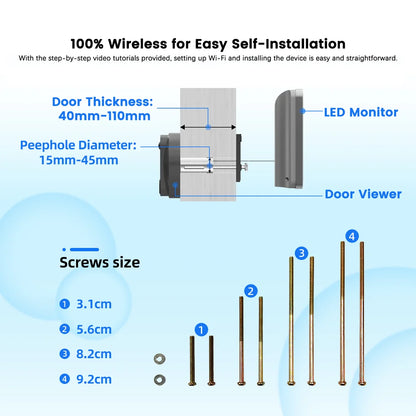 3MP Smart Life Tuya WiFi Doorbell — 1080P Peephole Camera, 5000mAh Battery, PIR Motion Sensor, IR, Alexa & Google Compatible