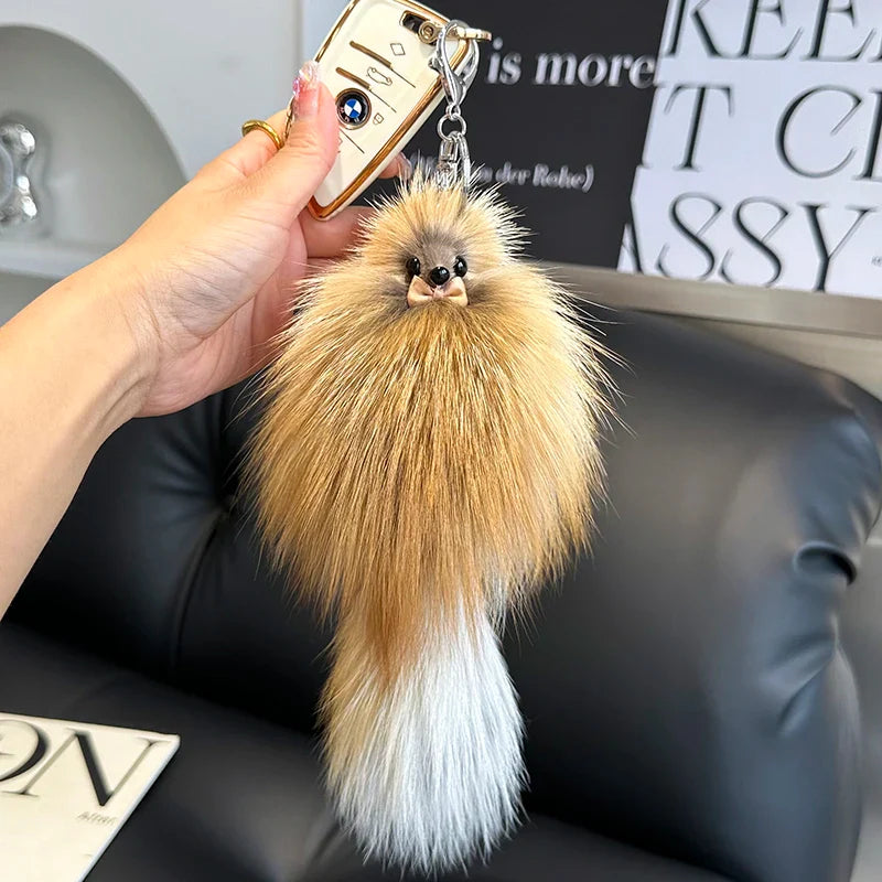 2024 Cute Real Fox Fur Plush Keychain – Pompom Bag Pendant & Car Key Ring Toy for Girls