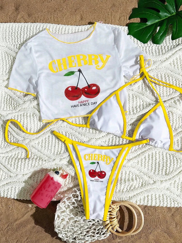Cherry Print Bikini Set 2026 – Sexy 3-Piece Women’s Swimwear, Fresh Style Beach Bathing Suit, Available in 7 Colors (S–XL)