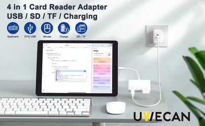 4-in-1 USB Card Reader – SD/TF Card Adapter for iPhone 14/13/12/11 Pro Max & iPad, Lightning Fast Charging for MacBook & Camera