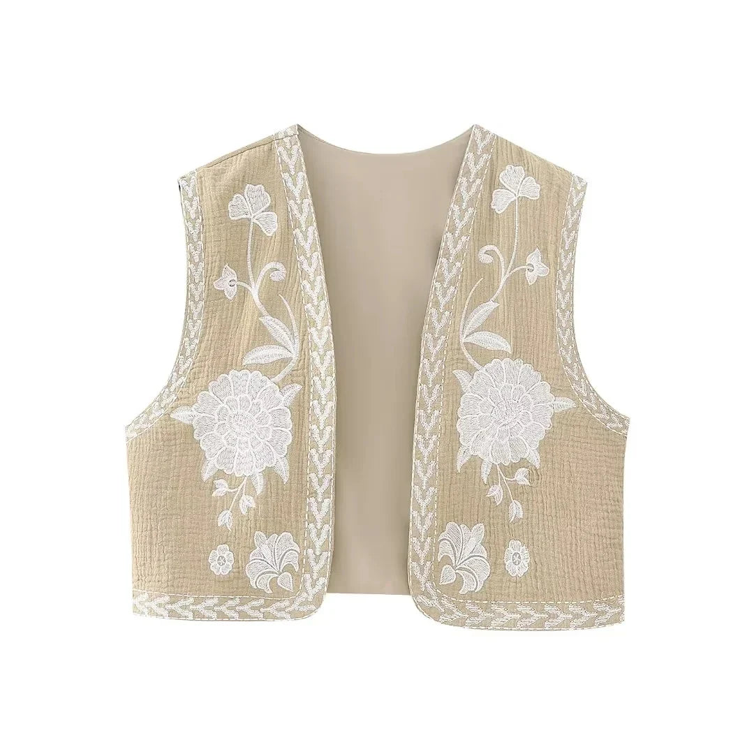 KEYANKETIAN Women's Vintage Floral Embroidered Open Waistcoat – National Style Vest Jacket, Casual Vacation Crop Top