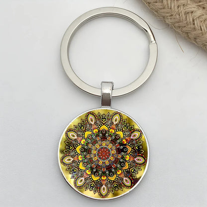 Retro Mandala Flower Yoga Keychain – Buddhist Chakra Glass Car Keyring for Men & Women Spiritual Jewelry Gift Accessory