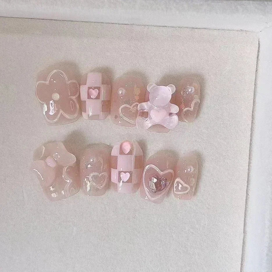 10 Pcs Pink Handmade Press-On Nails – Full Cover Bear & Heart Design with Rhinestones, Short Round Manicure Tips