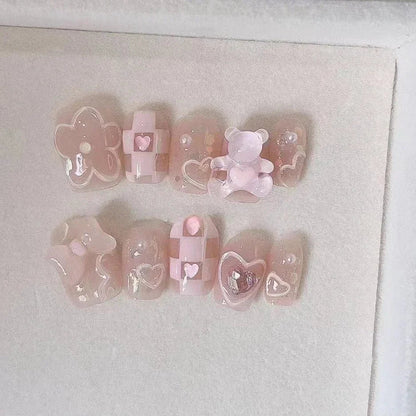 10 Pcs Pink Handmade Press-On Nails – Full Cover Bear & Heart Design with Rhinestones, Short Round Manicure Tips