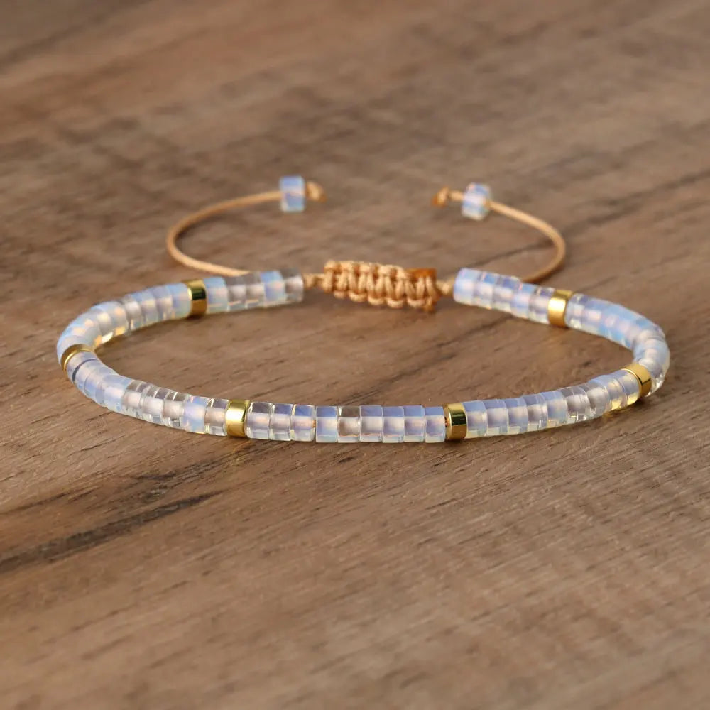 Natural Blue Emperor Stone Beaded Bracelet – Polished Block Beads, Adjustable Woven Rope Women’s Gift Jewelry