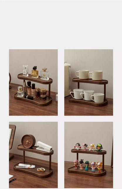 2-Tier Bamboo Makeup & Cup Organizer – Wooden Vanity Rack for Coffee Mugs, Counter & Kitchen Storage