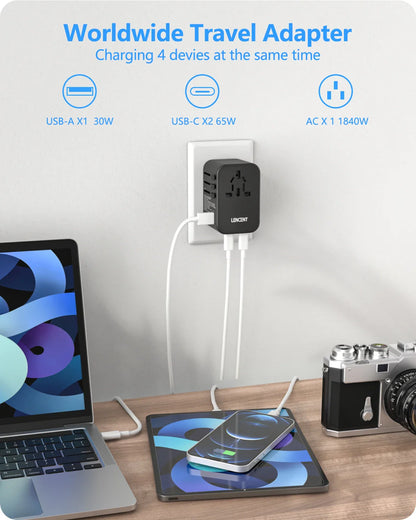 LENCENT 65W/100W GaN Fast Charging International Travel Adapter - 2 USB and 3 Type-C Ports, Includes EU, AU, US, UK Plugs