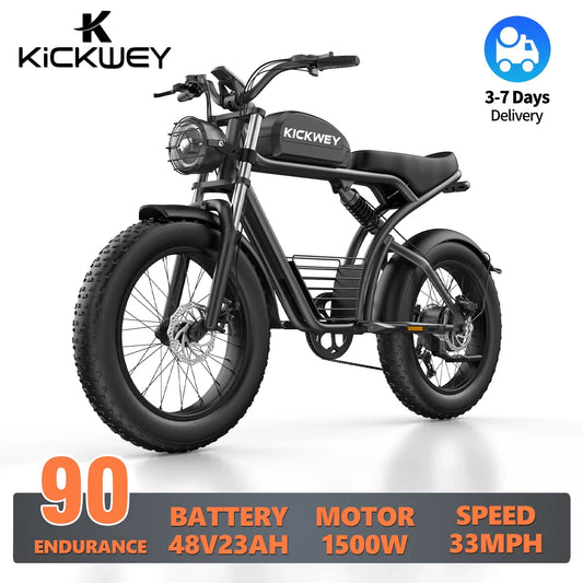Kickwey K7 Adult Electric Bike — 1500W 48V 23Ah Mountain E-Bike, 20" Fat Tires, Off-Road Outdoor Adventure