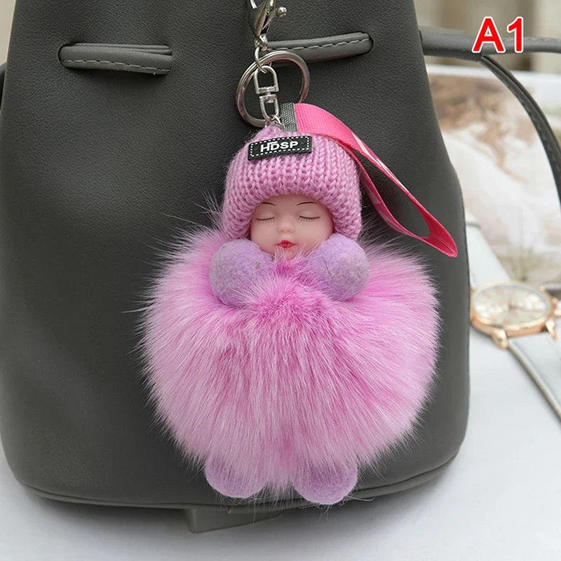 Cute Pompom Sleeping Baby Keychain - Fluffy Plush Doll Bag Charm, Key Ring & Gift for Women and Girls