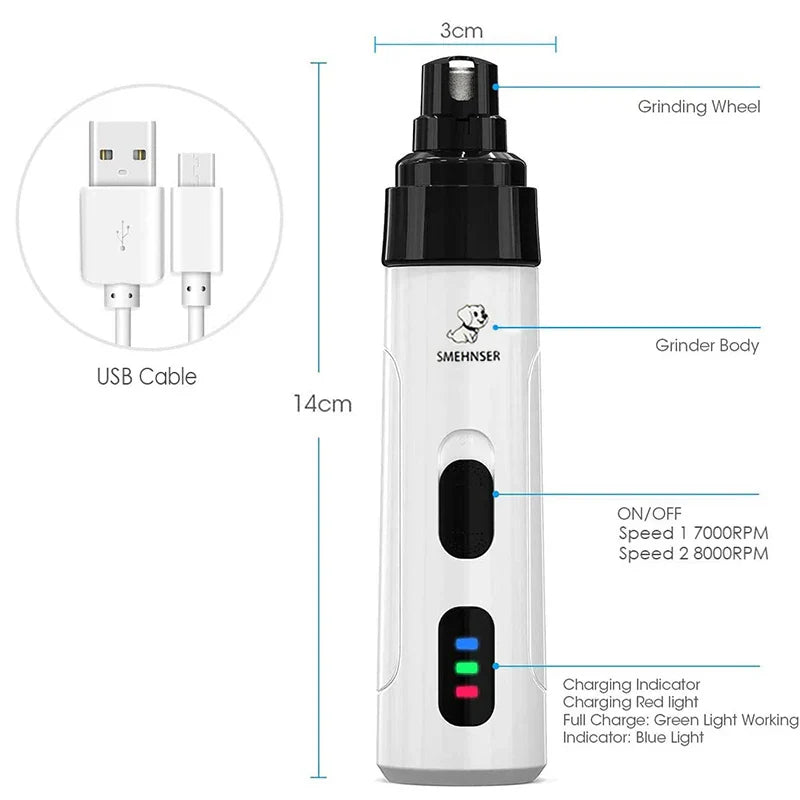 Painless USB Charging Dog Nail Grinder – Rechargeable Electric Pet Nail Clippers for Quiet Grooming of Dog & Cat Paws