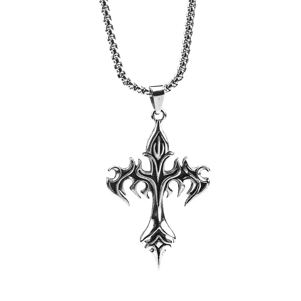 Stainless Steel Flame Retro Cross Necklace – Titanium Steel Casting Pendant for Men, Stylish Vintage Design