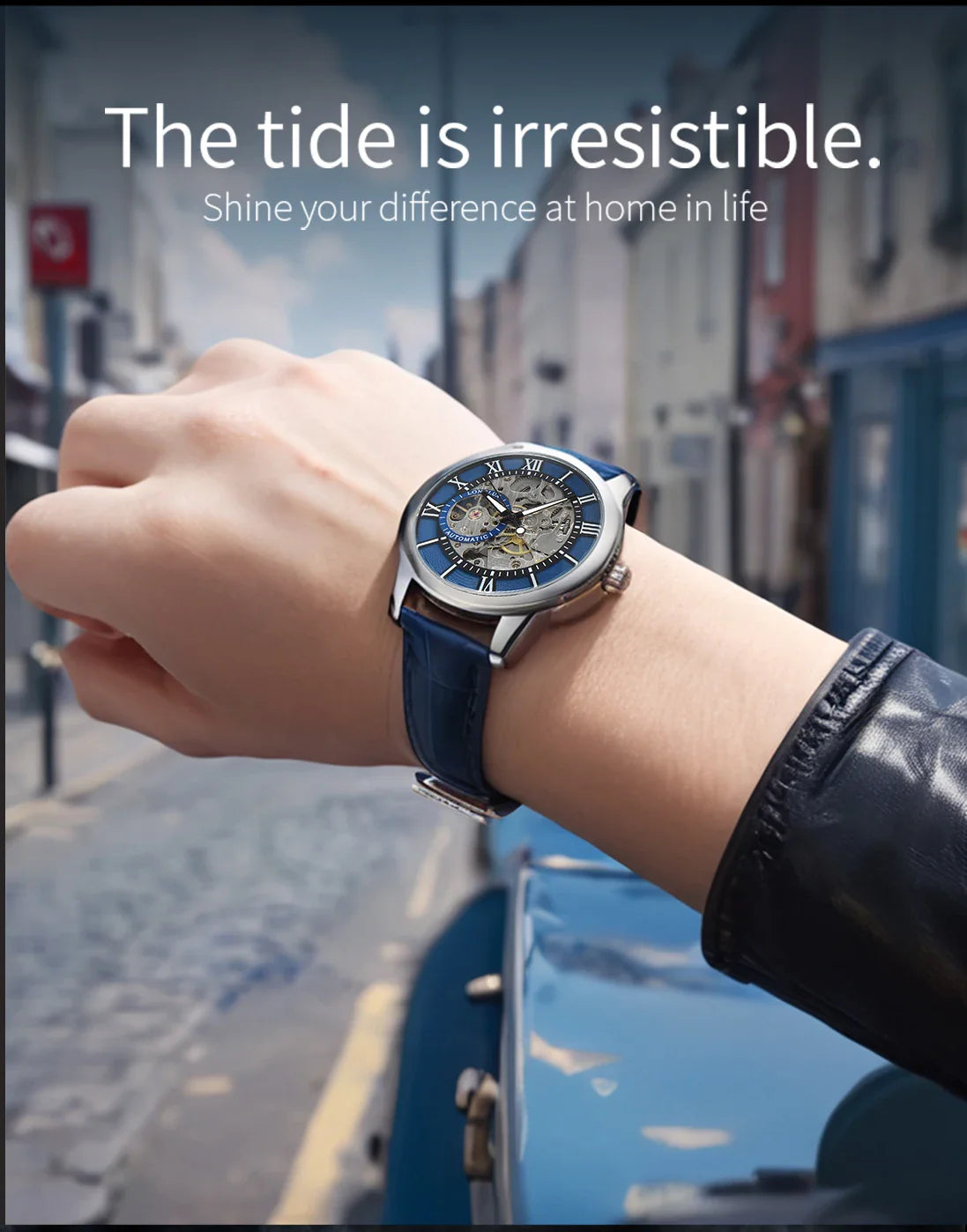 LONGLUX Rome Automatic Mechanical Waterproof Men’s Watch – Hollow Dial Leather Wristwatch Gift