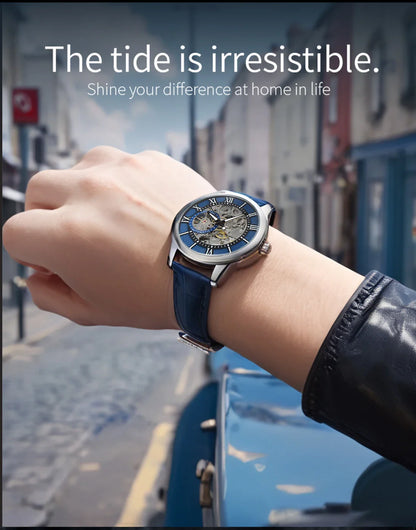 LONGLUX Rome Automatic Mechanical Waterproof Men’s Watch – Hollow Dial Leather Wristwatch Gift