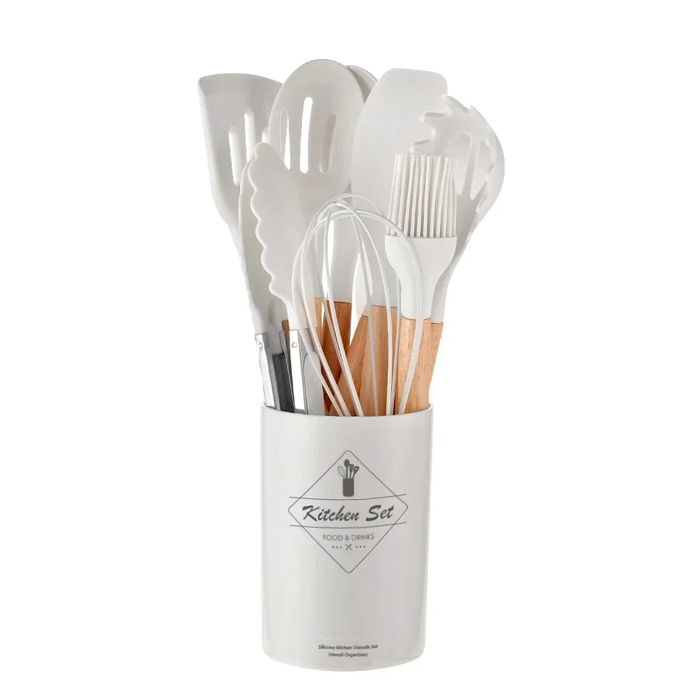12PCS Silicone Kitchen Utensils Set - Food Grade Cookware with Turner, Spatula, Measuring Spoon, Practical Cooking Tools