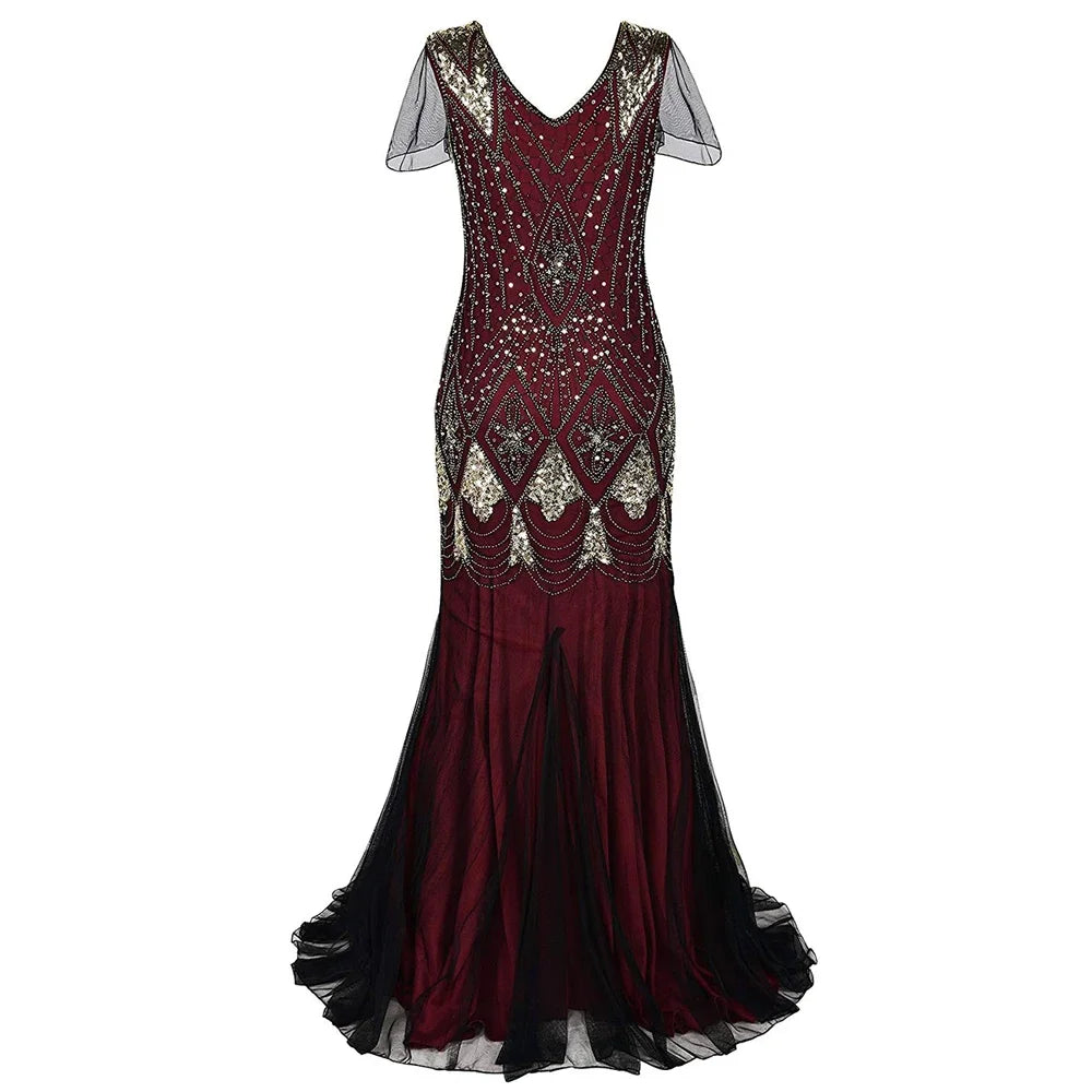 Women’s 1920s Great Gatsby Flapper Dress – Vintage V-Neck Sequin & Bead Long Mesh Maxi Party Prom Gown