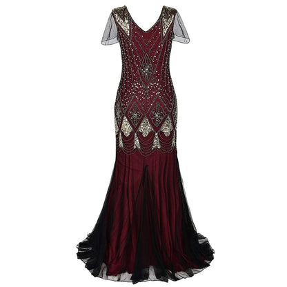 Women’s 1920s Great Gatsby Flapper Dress – Vintage V-Neck Sequin & Bead Long Mesh Maxi Party Prom Gown