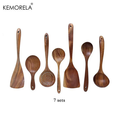 4/7/9PCS Teak Wooden Cooking Spoons Set – Kitchen Utensils with Holder