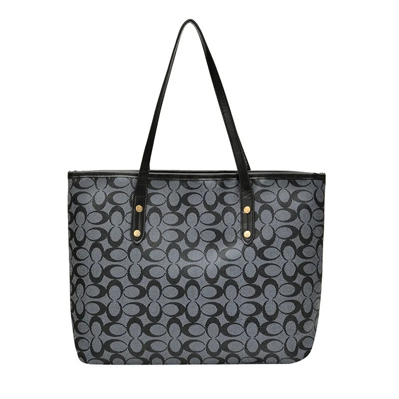 Classic Monogram Tote Bag - Large Capacity Canvas Shoulder Handbag with PU Trim for Women, Work & Shopping