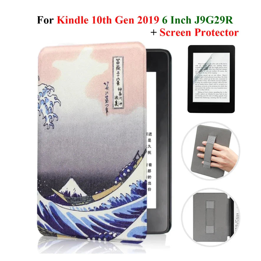 Kindle 10th Gen 6" Leather Case – Hand Strap & Screen Protector Cover with Wake/Sleep Function (2019, J9G29R)