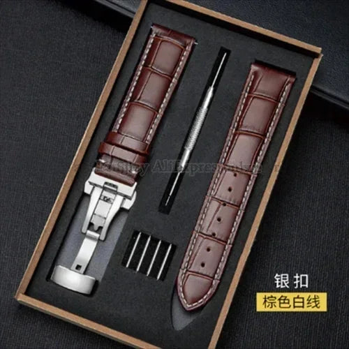 Universal Genuine Leather Watch Band 12–24mm with Butterfly Clasp – Premium Strap for Men & Women (Gift Box Included)