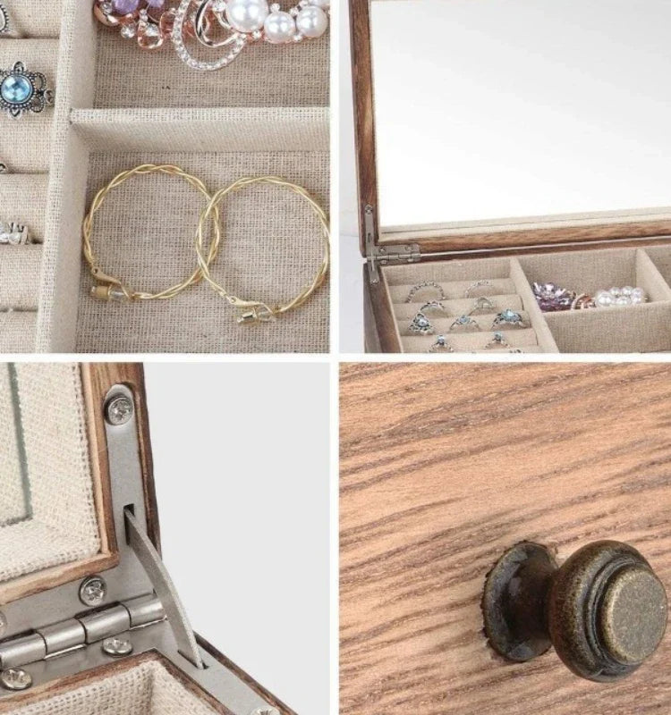 Vintage Solid Wood Jewelry Box – Two-Layer Necklace & Earring Display with Mirror