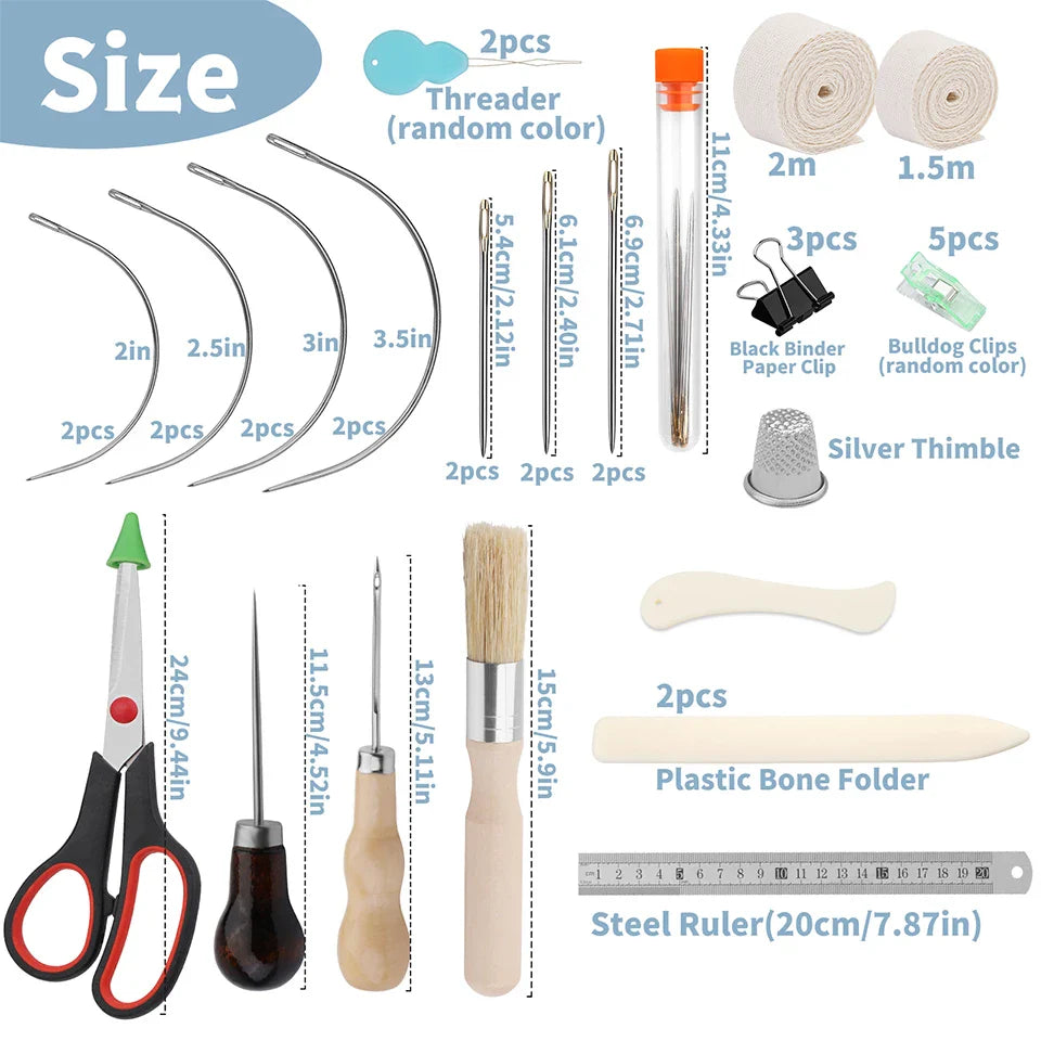 KRABALL Hand Bookbinding Tools Kit — 33/41/49pcs DIY Craft Supplies with Paper Awl, Steel Curved Needles, Ruler & Wax Thread