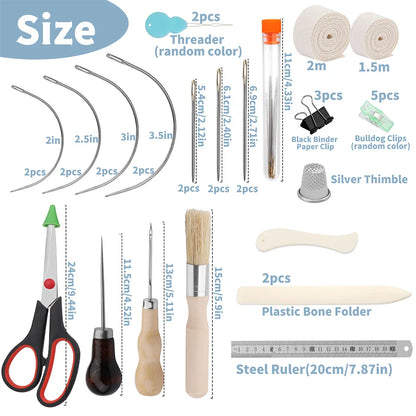 KRABALL Hand Bookbinding Tools Kit — 33/41/49pcs DIY Craft Supplies with Paper Awl, Steel Curved Needles, Ruler & Wax Thread