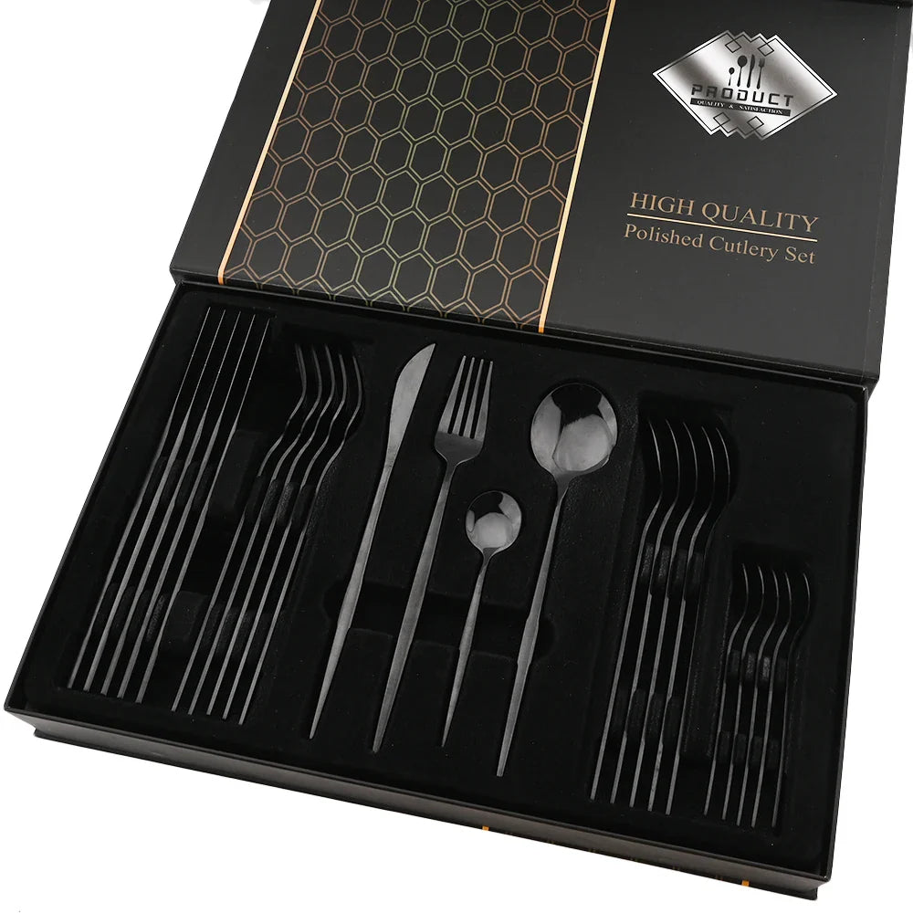 Drmfiy 24P Stainless Steel Cutlery Set - Knife Fork Spoon Flatware - Black Tableware Gift Box - Dishwasher Safe Dinnerware Kitchenware
