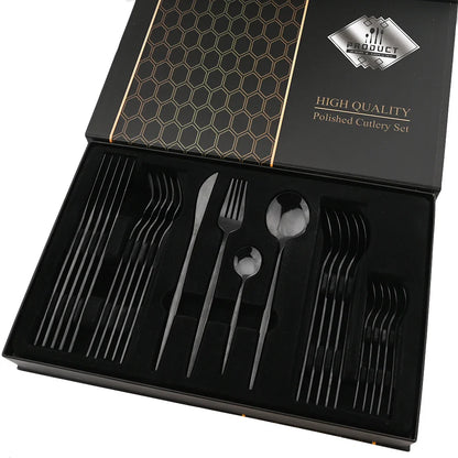 Drmfiy 24P Stainless Steel Cutlery Set - Knife Fork Spoon Flatware - Black Tableware Gift Box - Dishwasher Safe Dinnerware Kitchenware