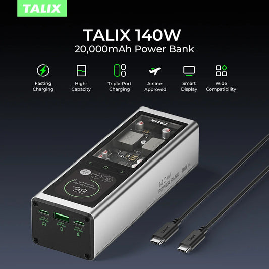 TALIX 140W 20000mAh Power Bank – High-Capacity Portable Charger with 3-Port Digital Display for Laptop, Phone & iPad