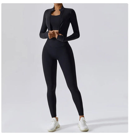 3PCS Women’s Yoga & Workout Set – Long Sleeve Zipper Top with High Waist Leggings Fitness Sportswear
