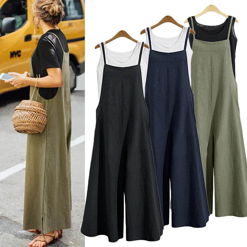 Women’s Summer Wide Leg Jumpsuit Overalls – Solid Color Sleeveless Cotton Linen Bib Dungaree, Casual Loose Fit Plus Size 5XL