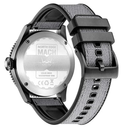 NORTH EDGE MACH 2024 Solar Powered Men's Watch – Dual Time Zone Waterproof Pilot Watch with TPR Nylon Strap