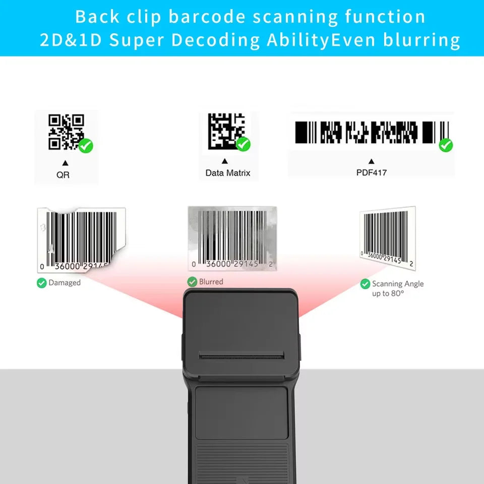 58mm Thermal Printer & 2D Bluetooth Scanner - 2-in-1 Mobile Back Clip with 7.4V 3000mAh Battery