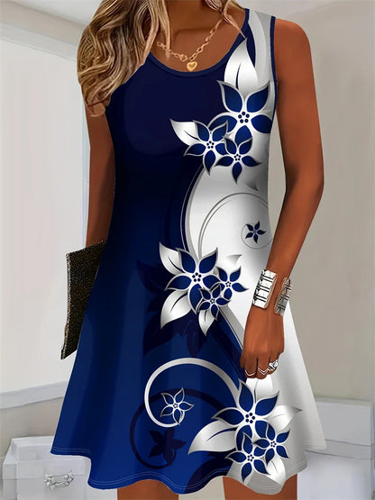 2025 Summer Women’s Sleeveless Knee-Length Dress – Floral Printed Casual Beach Vacation Outfit
